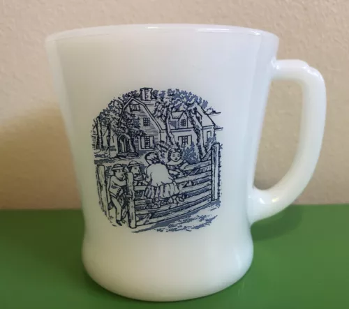 Vintage Milk Glass Mug Cup Blue White Victorian Colonial Scene Kids Fence House