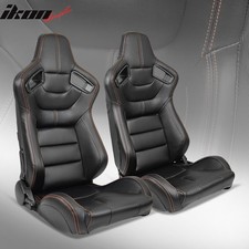 Universal 2pc Reclinable Racing Seat Dual Slider Pu Carbon Leather Orange Stitch