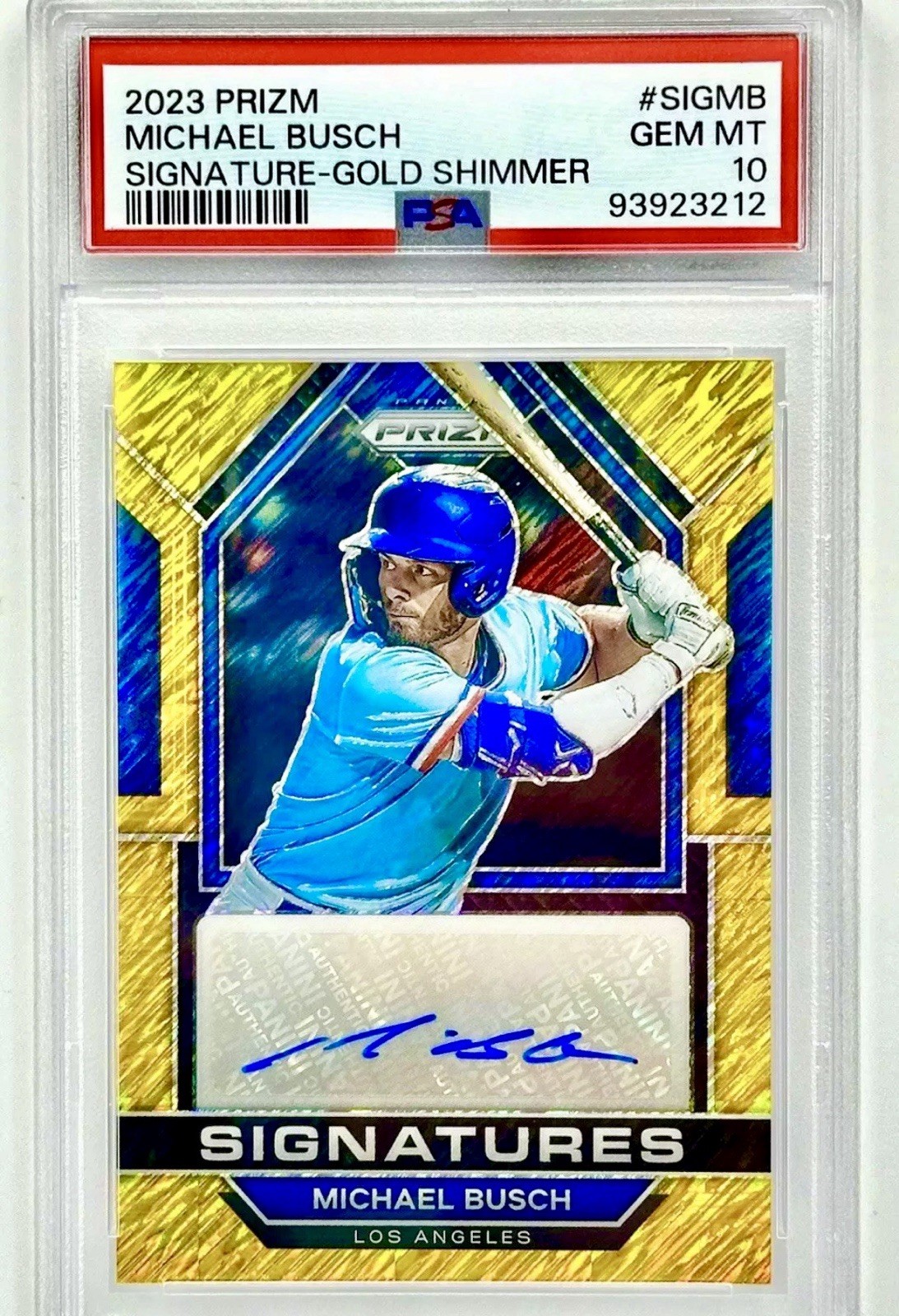 PSA 10! 2023 PANINI PRIZM GOLD SHIMMER SIGNATURES #SIGMB MICHAEL BUSCH RC /10 SP