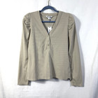 DKNY Shirt Women's Size L Beige Long Puff Sleeve V-Neck 1/2 Button Rib Knit Top