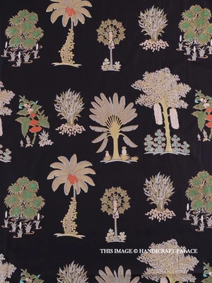 Black hand block palm tree printed Cotton Fabric By The Yard Fabric for Curtains - Image 1 of 4