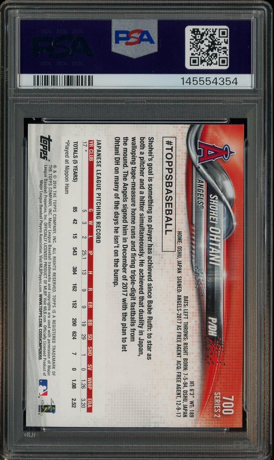 2018 TOPPS SHOHEI OHTANI RC ROOKIE PITCHING #700 PSA 10 GEM MINT view 3