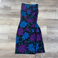 Lauren Ralph Lauren Floral Navy Midi Dress Ruched Wrap Sheath Size 4