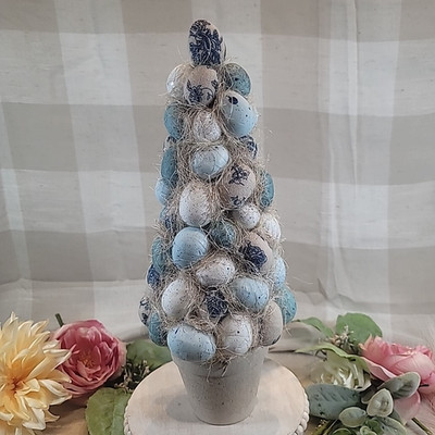 Laura Ashley Blue Toile Blue Easter Egg Topiary Tree in Pot 16'' NEW
