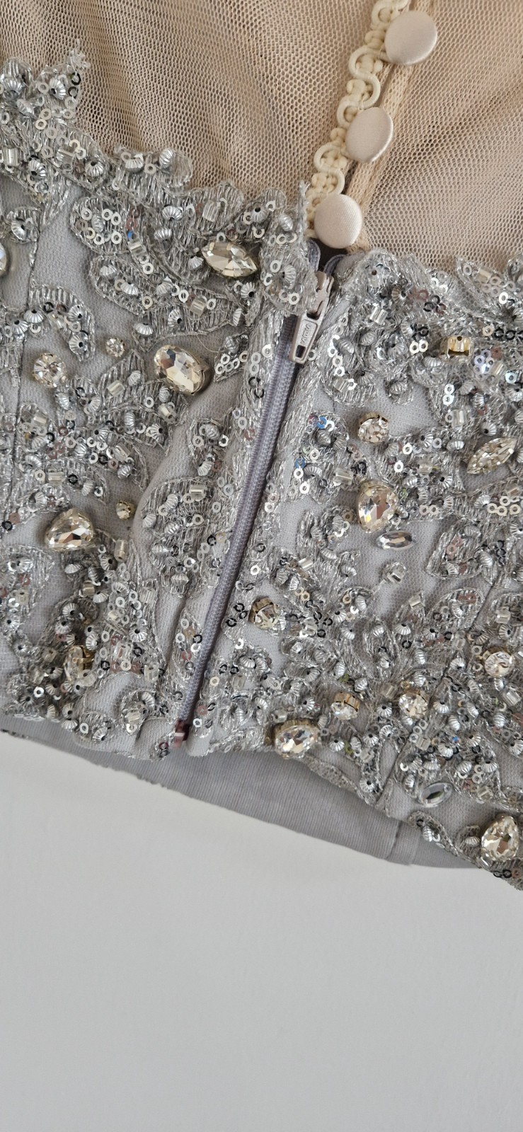 Pia Michi beaded crop top size 42 silver brand new button back sheer panels 