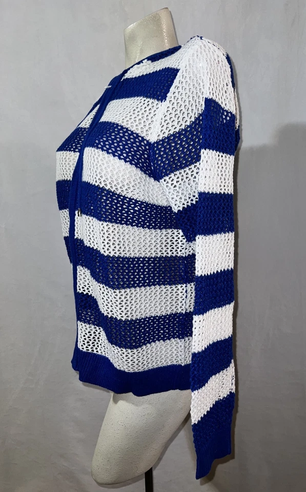 Quacker Factory Sweater Size L Large Blue White Striped Zip Cardigan Hoodie - Image 4 of 4