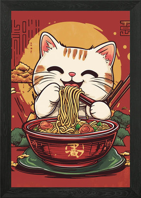 Cute Cat Eating Ramen Framed Wall Art Poster Canvas Print Picture