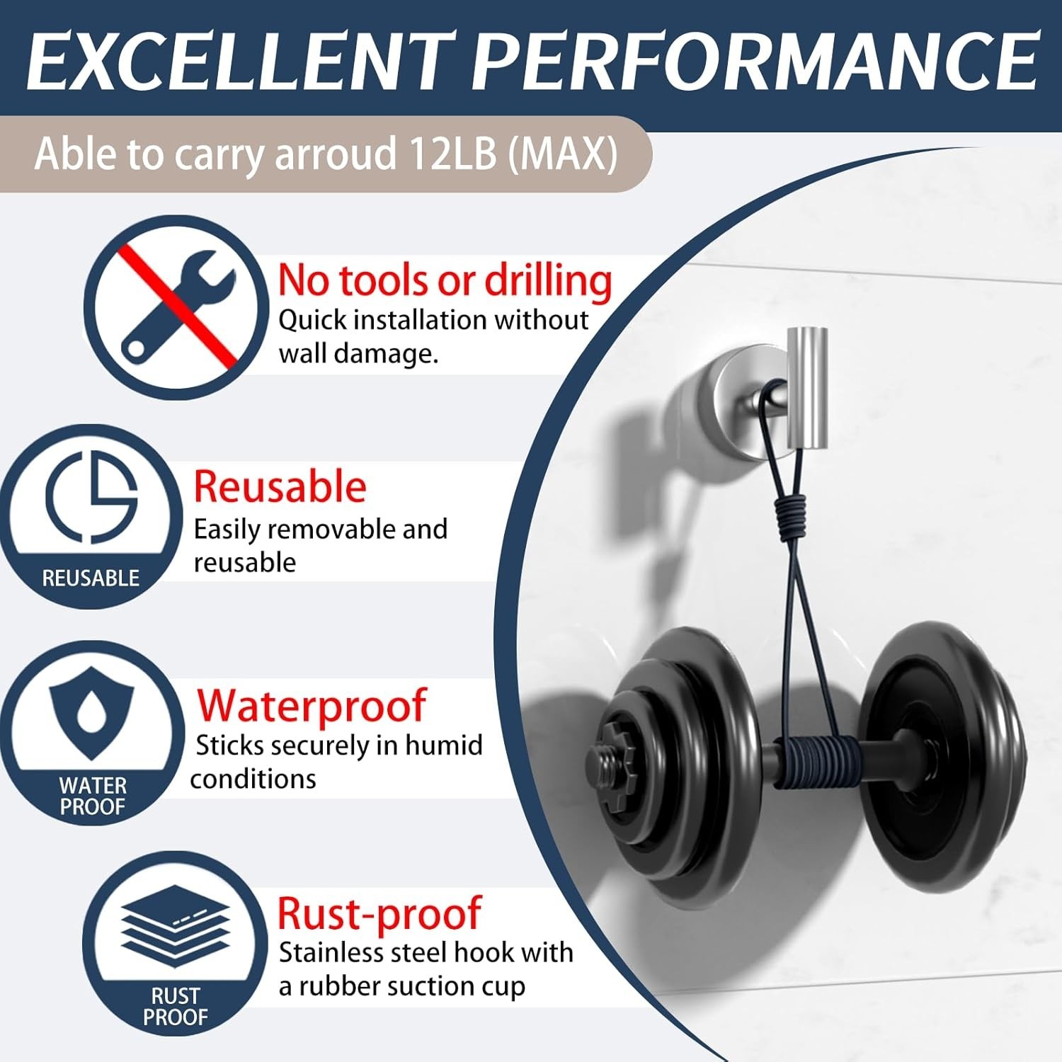 Suction Cup Hooks Heavy Duty 15LB No Drill Shower Bathroom Glass Hooks