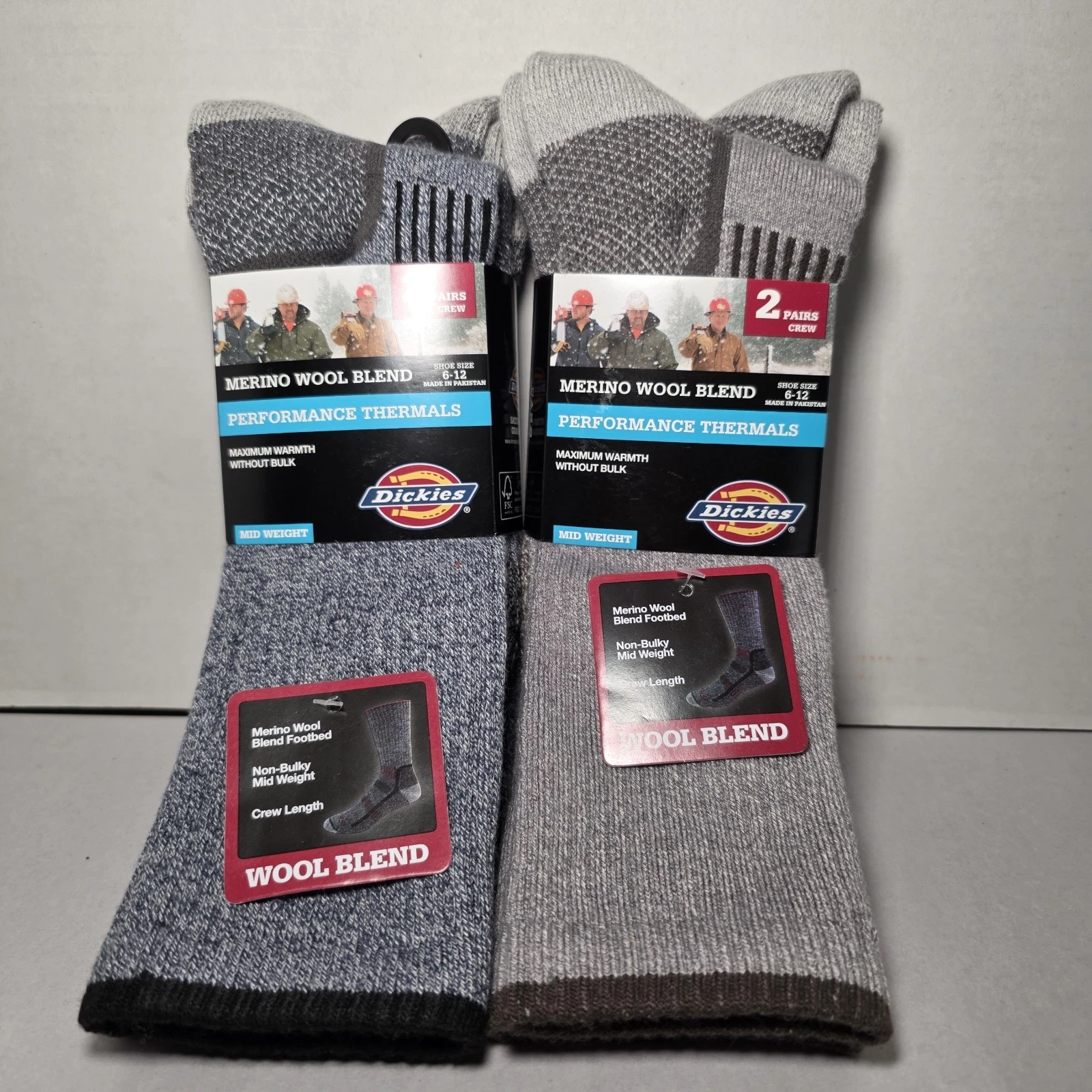 Dickies Mens Mid Weight Merino Wool Thermal Crew Socks 2-pk x2 6-12