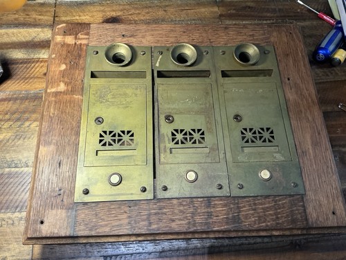 Vintage  Apartment 3 Slot Metal Mailboxes Call Buttons Buzzer Oak Panel