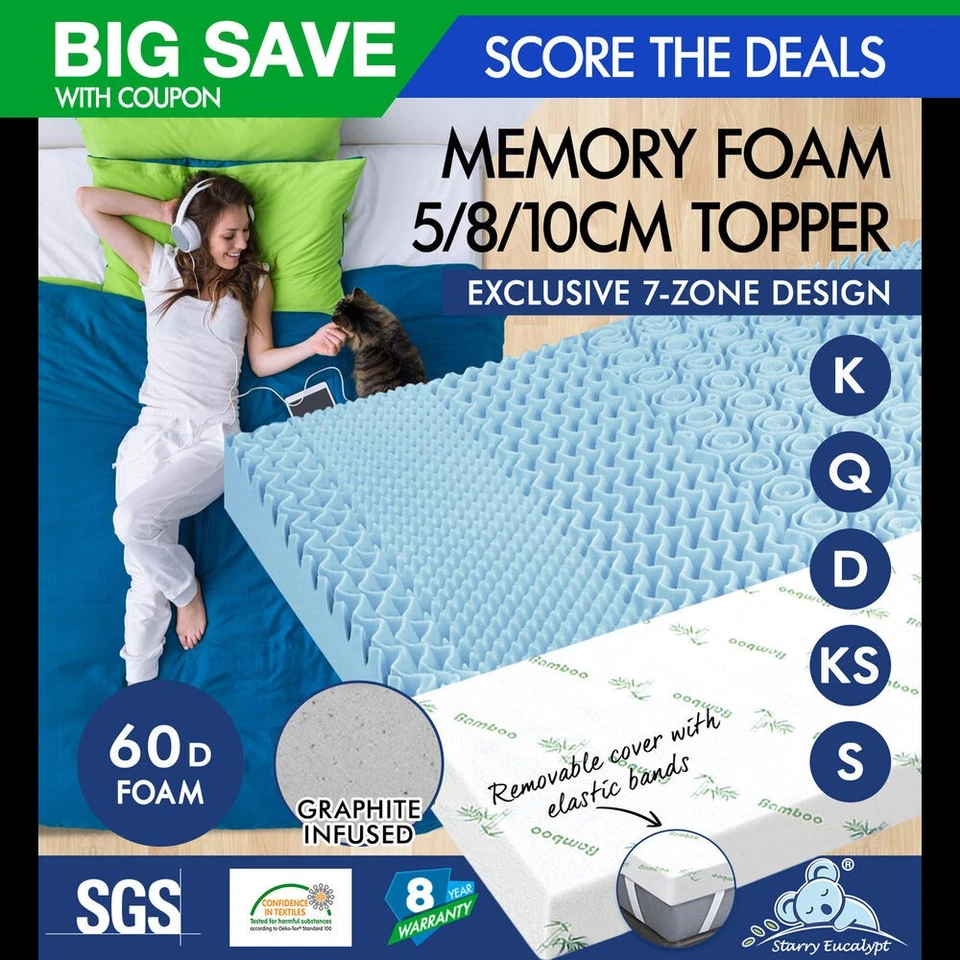 STARRY EUCALYPT Memory Foam Mattress Topper 7-Zone 5/8/10cm Gel Bamboo Fabric
