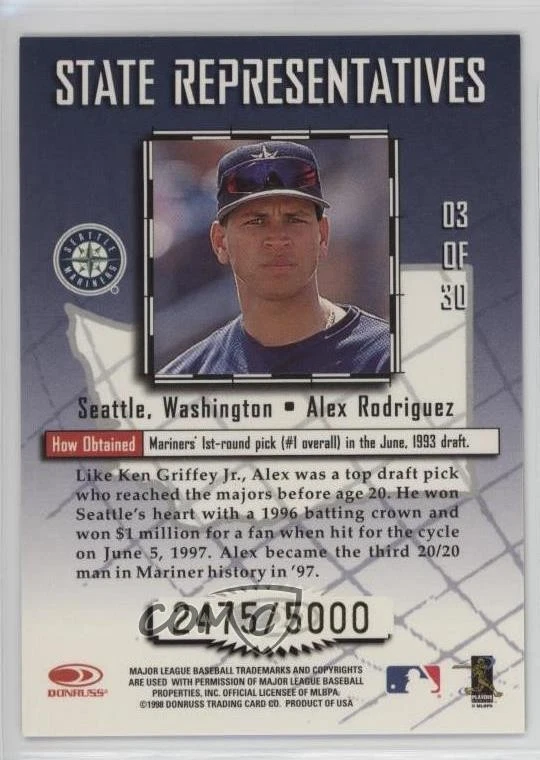 1998 Leaf State Representatives /5000 Alex Rodriguez #03 - Image 2 of 2