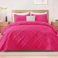Quilt Set Twin Size, Soft Modern Striped Hot Pink Bedding for All Seasons, 2