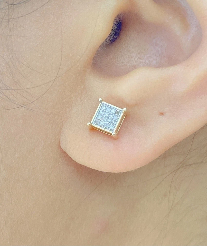 Pendientes de diamantes de forma cuadrada micro pavé de oro de 10k para hombre/dama Foto 3 de 4