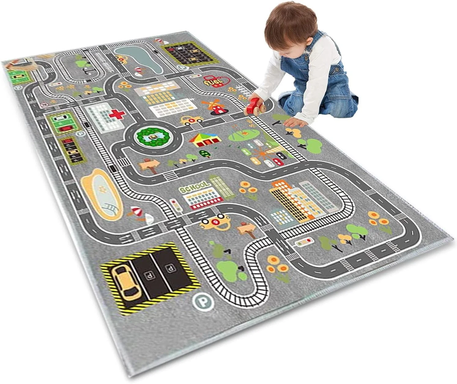 Kids Play Mat Rug - City Road & Traffic Design for Cars & Toys, 55x79 Inch
