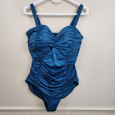 AQUA GREEN Shirred Sweetheart Neckline One Piece Swimsuit UPF 50 Dark Teal SZ 16