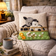 Luxury HERDWICK SHEEP Cushion 40 X 40 Crochet 3D Cream Green Real Wool Handmade