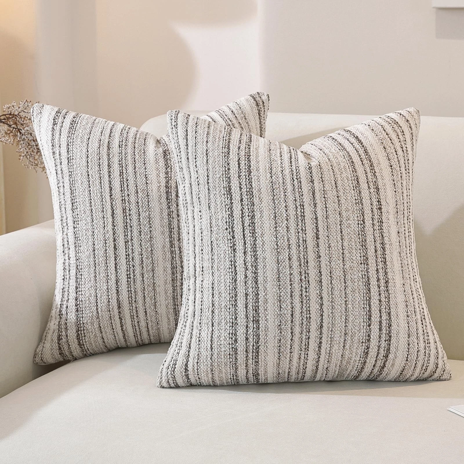 Chenille Throw Decorative Pillow Covers 18x18 Set of 2, Textured Striped Boho...