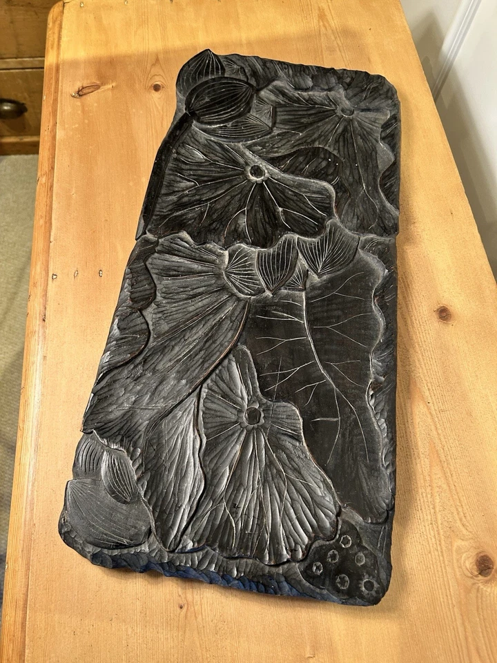 Antique 19th Meiji Century Ebonised Japanese Carved Hardwood Lotus Flower Tray - Image 3 of 4