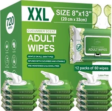 Adult Wipes For Elderly Softly Scented -  8x13" 720ct  (12 Packs of 60)
