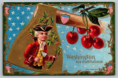 c1910 GEORGE WASHINGTONS BIRTHDAY postcard w/axe cherries embossed | eBay