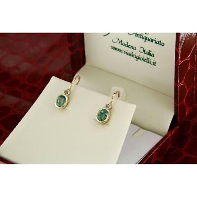 Boucles D'oreilles Anciennes En Or 14K Et émeraude Diamant - Style Dormeuses Pendantes