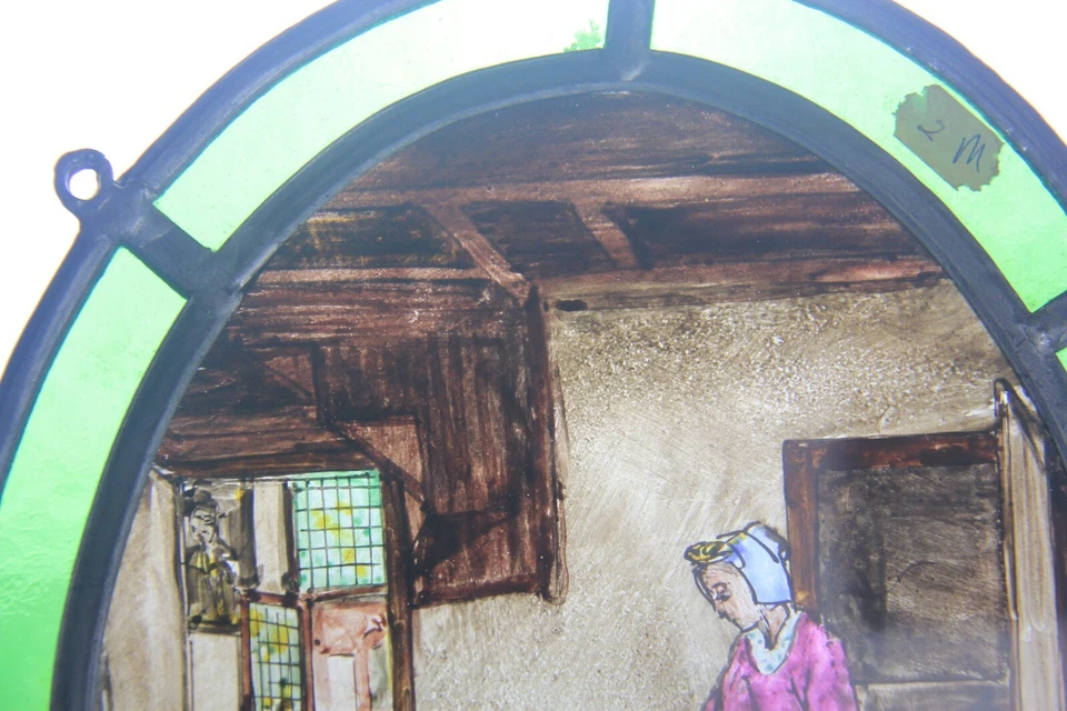 Pequeño panel ovalado antiguo pintado a mano y vitral "Madre e hija" Foto 3 de 4