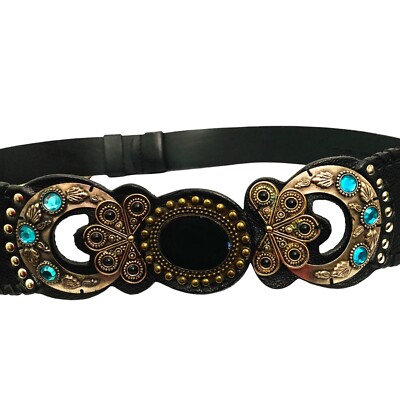 Chico’s Black Wide Leather Adjustable Belt Silver Gold Circle Buckle Chicos Wide Adjustable Black Leather Belt Silver Gold  main image 2