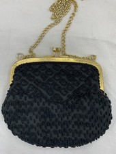 Walborg Black Beaded Vintage Evening Bag Purse Gold Clasp Chain Hong Kong Formal