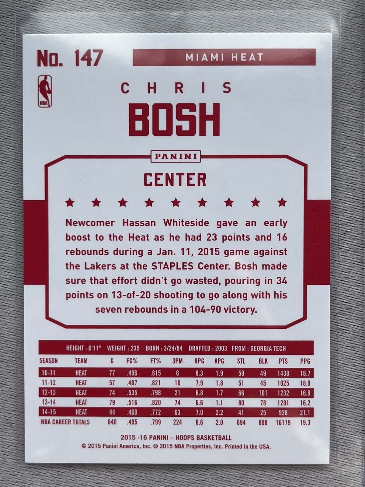2015-16 Panini NBA Hoops Red Back Chris Bosh Miami Heat No. 147
