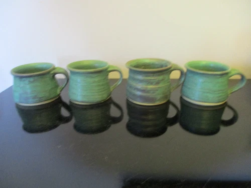 4 Vintage Artisan Handmade Studio Art Pottery Teco Green Coffee Tea Mugs Cups!
