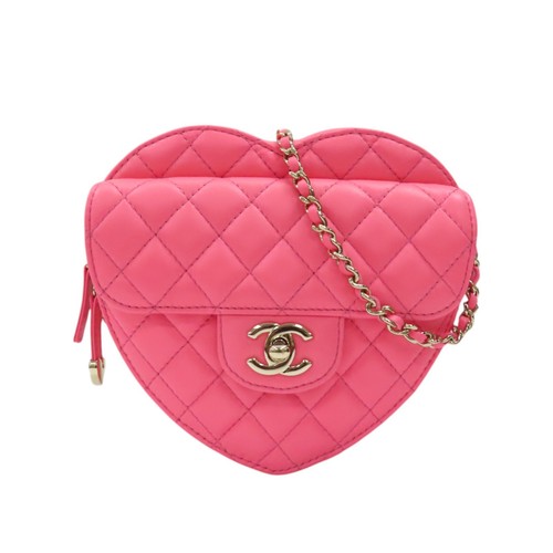 CHANEL CC In Love Heart Shoulder Bag Pink Quilted Lambskin Leather AS2191