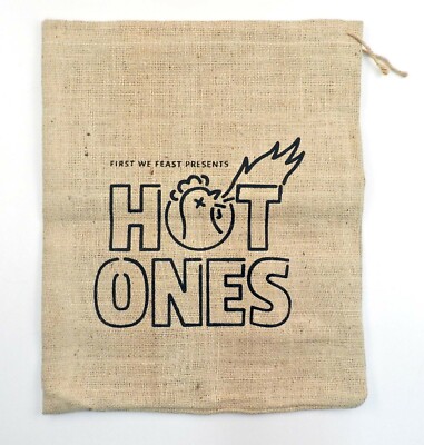 HOT ONES Jute/Burlap drawstring bag 15 x 18''h, Made in USA, First We Feast