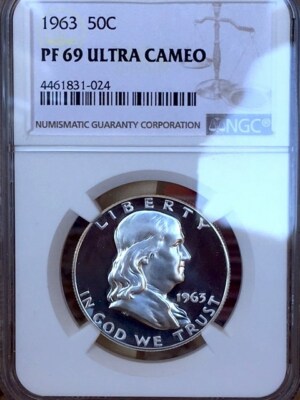 アメリカ　銀貨　プルーフ　1963　フランクリン　半ドル　CAMEO 1963 Proof Franklin Half Dollar NGC PR69 DCAM ULTRA CAMEO, TOP POP