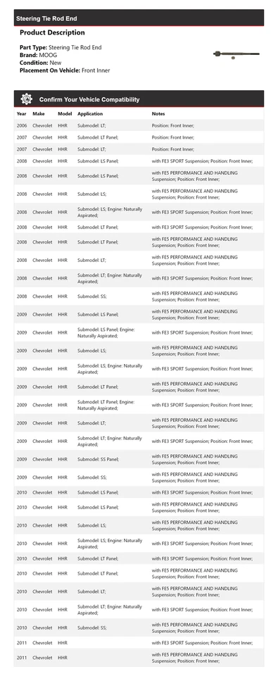 Para Chevrolet HHR 2006-2011 extremo de barra de dirección interior delantero MOOG 2006 2007 2008 Foto 2 de 4