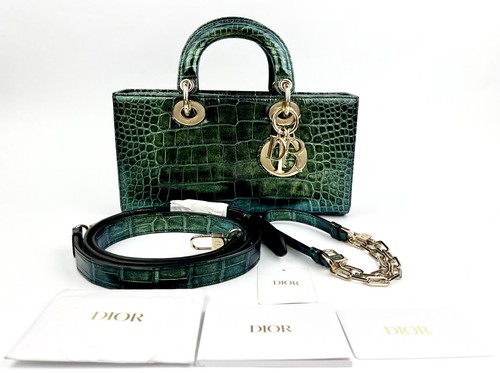 Retail $34000 Authentic CHRISTIAN DIOR Medium Lady D-Joy Metallic Green Aligator