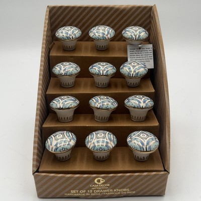 Casa Decor Ceramic Drawer Pull Knobs 12-Pack Hamdmade Art Deco Gold & Blue