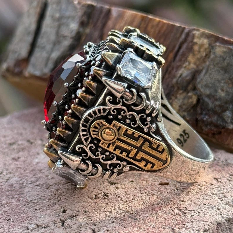 Turkish Handmade Zircon Red Stone Ring, Mens Red Zircon Gemstone Ring - Image 3 of 4