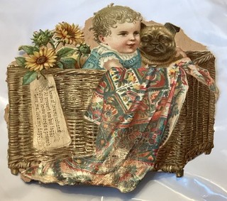 Vintage Victorian Valentine’s Day die cut Trade Card pug dog child sunflower