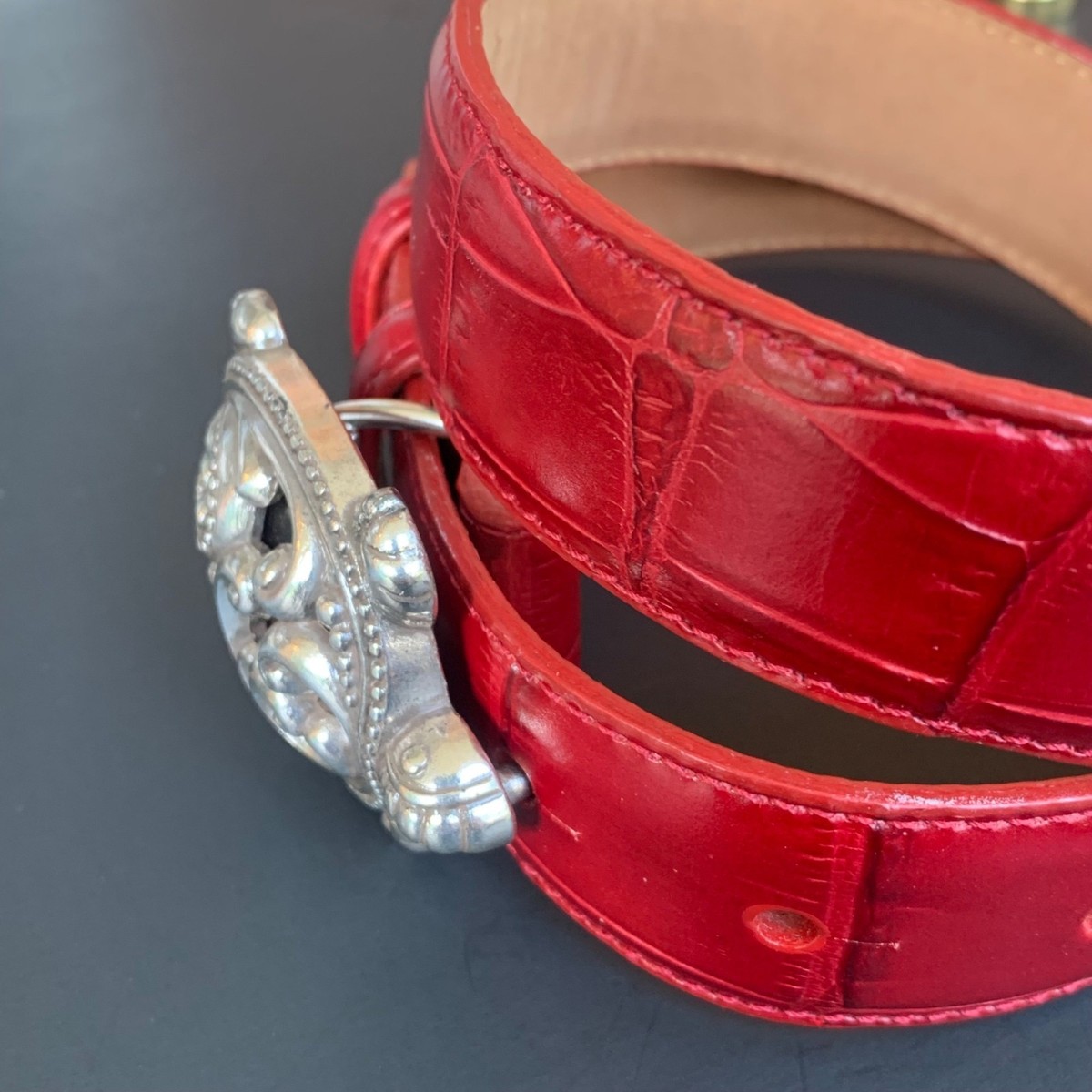 Brighton Red Leather Embossed Silver Buckle Belt VINTAGE Brighton Red Leather Belt with Silver Buckle Made in  main image 2