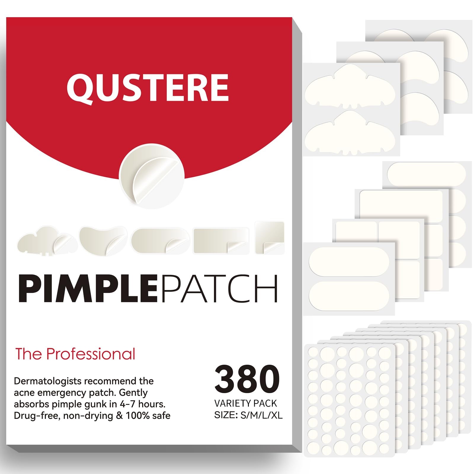 QUSTERE Large Pimple Patches for Face, Hydrocolloid 1 Count (Pack of 380) 