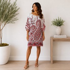 Old Navy Womens XL Red Black Paisley Shift Dress Lined Kimono Sleeve Boho