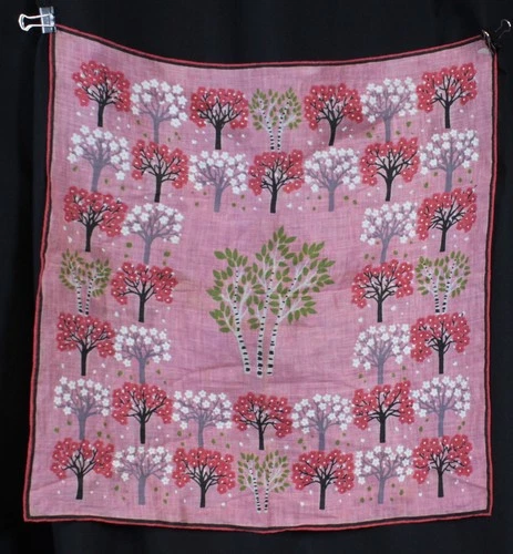 Vtg Handkerchief Hanky Hankie MCM Pink Black Trees Perky Retro Kitschy Square 15
