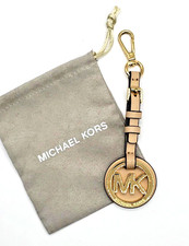 Michael Kors Taupe Gold MK Logo Buckle Smooth Leather Loop Hang Tag Bag Charm
