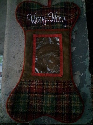 Vintage Dan Dee Plaid Bone Christmas Stocking Photo Window Puppy Dog Woof, 17''