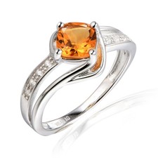 Natural Cushion Yellow Citrine Ring with White Zircon 925 Silver Rhodium Plated