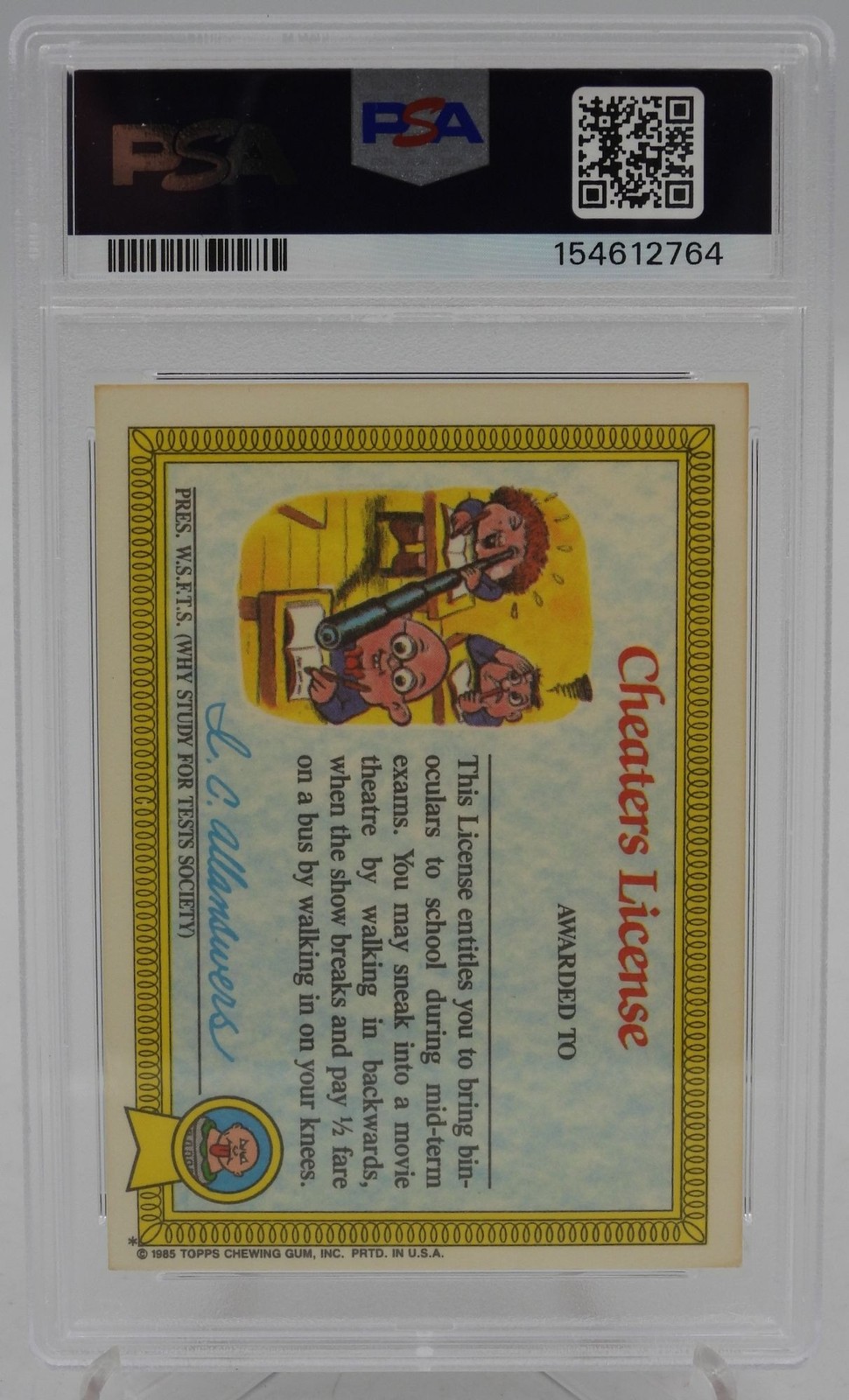 1985 Garbage Pail Kids Series 1 Adam Bomb Cheaters License Back #8a PSA 5 view 2