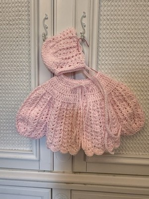 0-6 Months*Pink Shell Stitch Bonnet and Sweater Set*Crocheted*Loops and Threads