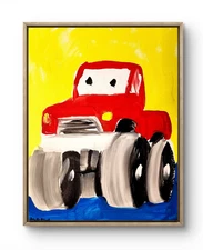 Aleph Original Art Red Truck  14x11 Colorful Modern Painting on Canvas