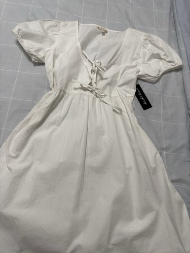 Derek Heart White Solid A-Line Midi Dress M Puff Sleeve V-Neck Tie Front
